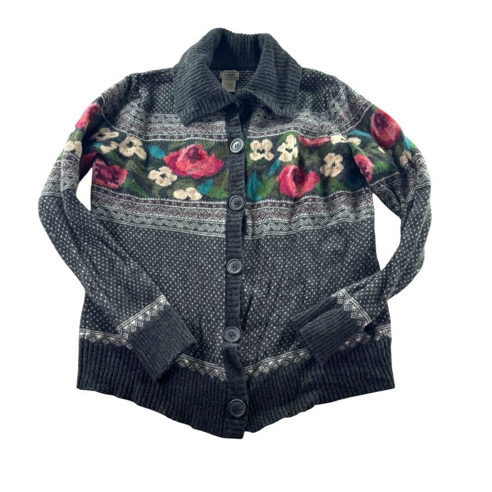 L.L. Bean Lambswool Cardigan Sweater Womens XL Gray Floral Vintage Button Up
